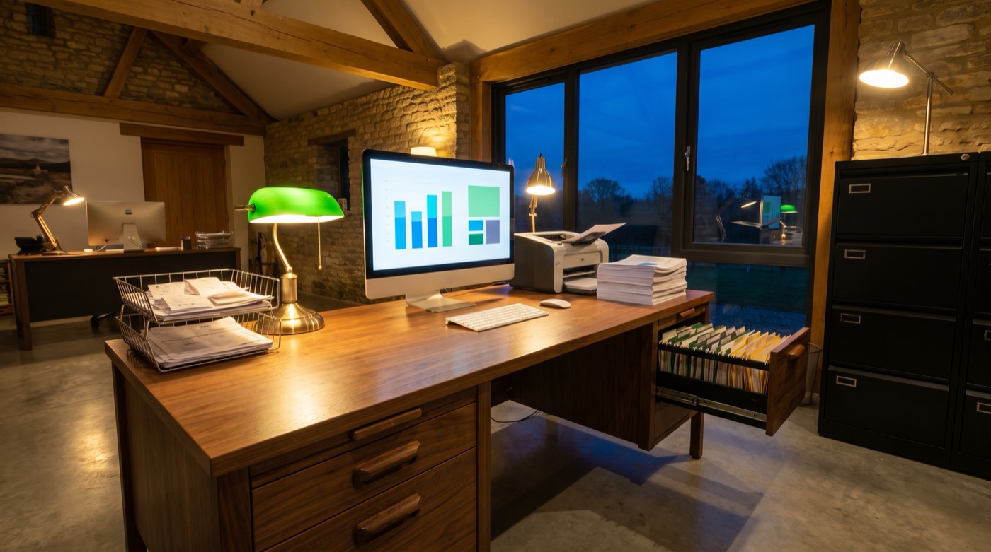 A back office at night with a printer producing a report and sorted receipts in trays