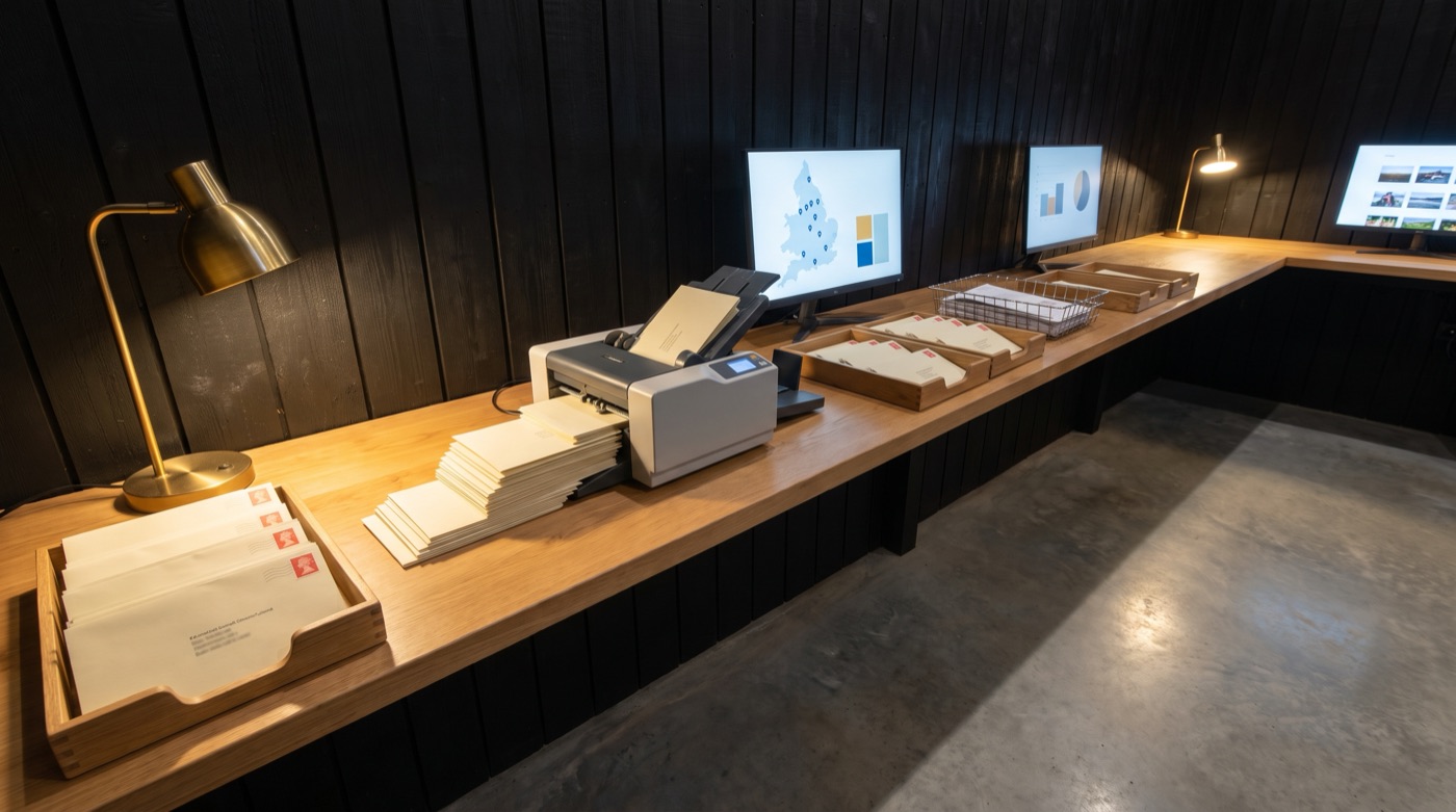 A post room at night where a machine folds letters into envelopes