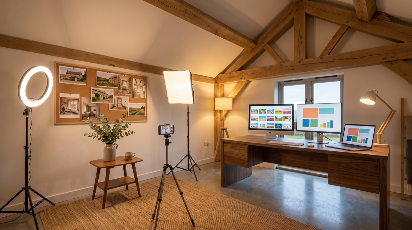 A small content studio with a phone on a tripod and a ring light